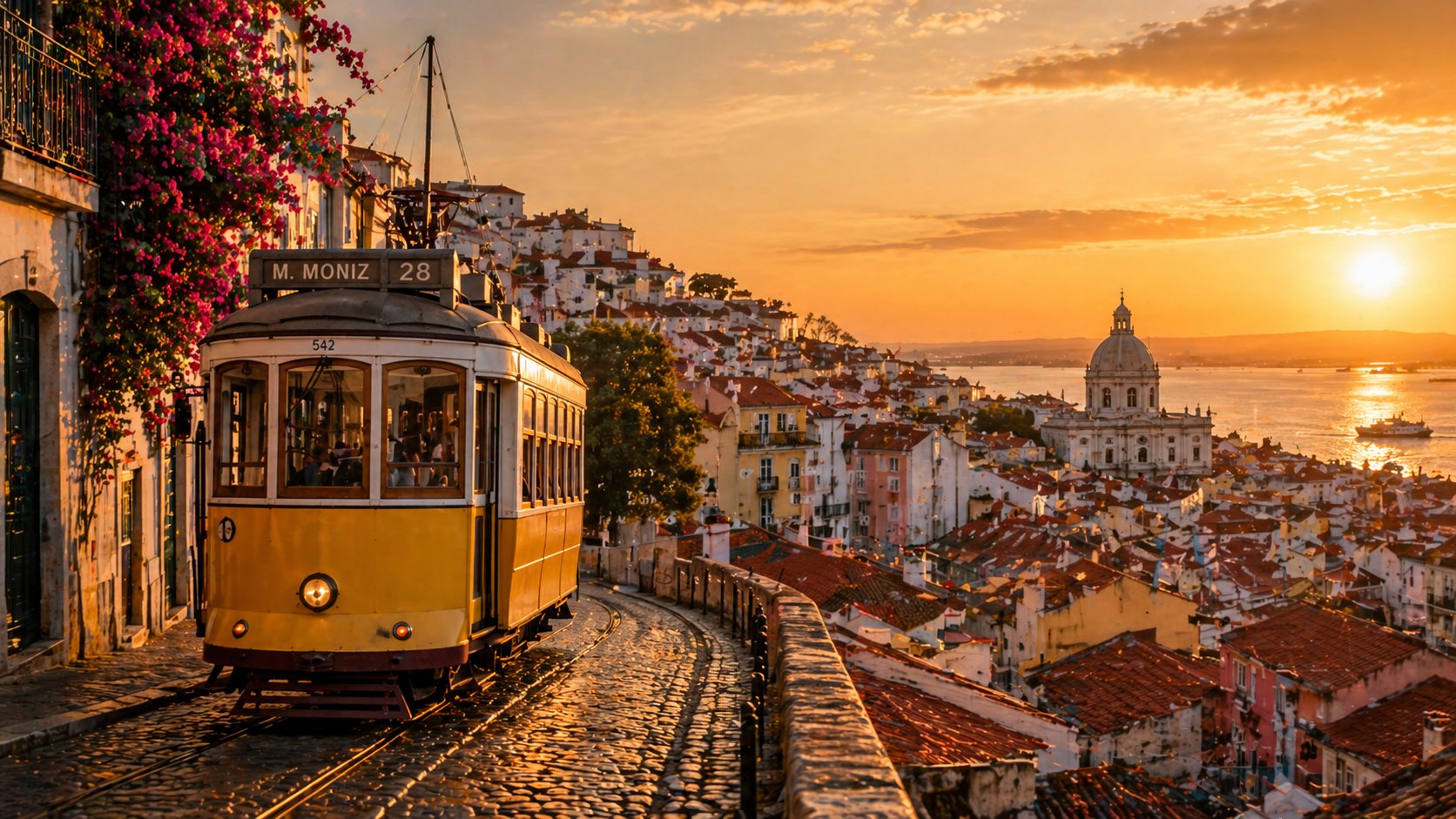 Lisbon tram climbing Alfama at golden sunset