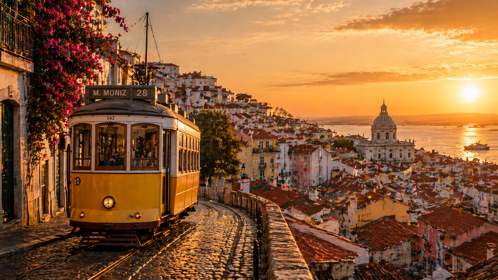 Lisbon tram climbing Alfama at golden sunset